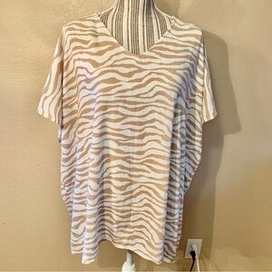 NWT Anne Klein Tunic Top XL Linen Blend White Tan Animal Print V-Neck